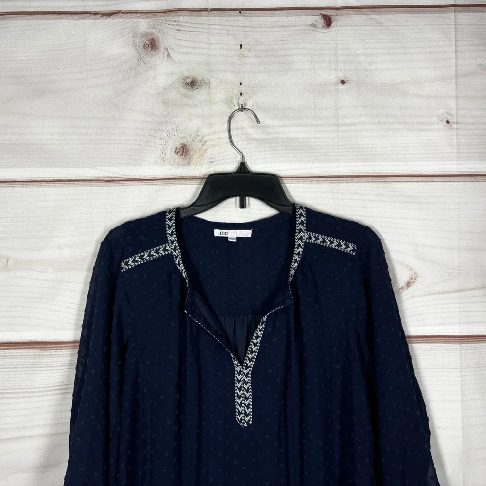 DR2 Chiffon Blouse Womens‎ Large Navy Blue Swiss Dot Embroidered V-Neck Tassel